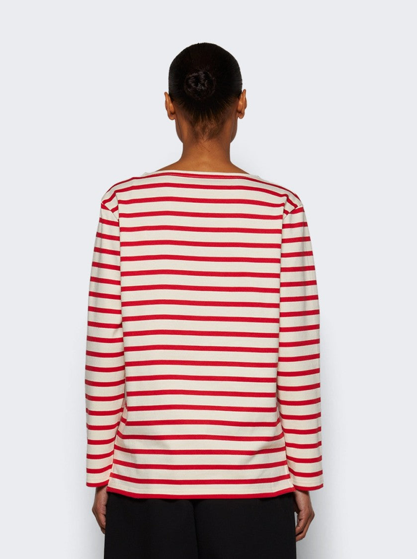 Valentino Striped Cotton Jersey Long Sleeve T-Shirt Ivory And Red