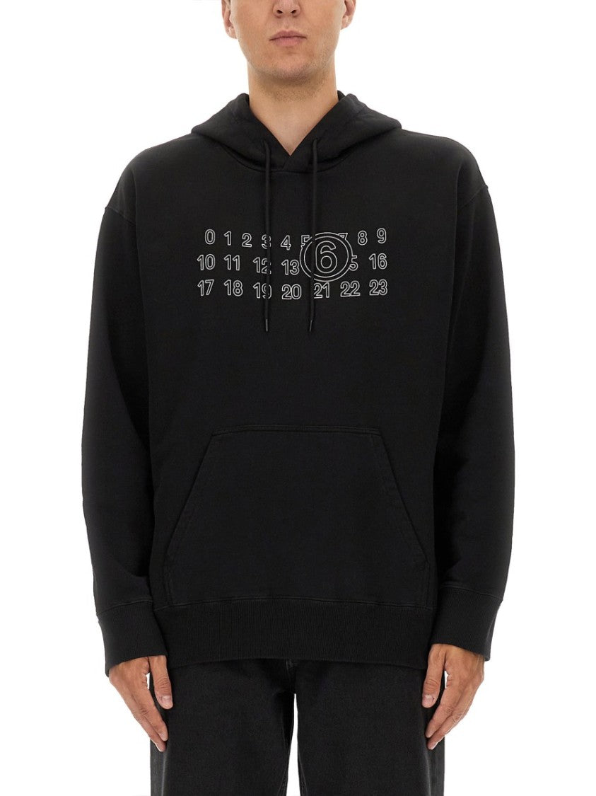 Mm6 By Maison Margiela Numeric Print Black Hoodie With Front Kangaroo Pocket