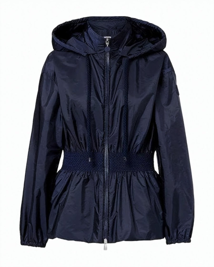 Moncler Fitted Blue Nylon Jacket With Gathered Waist And Hood