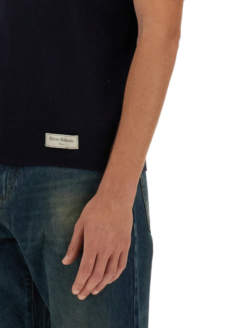 Balmain Classic Black Merino Wool Polo Shirt