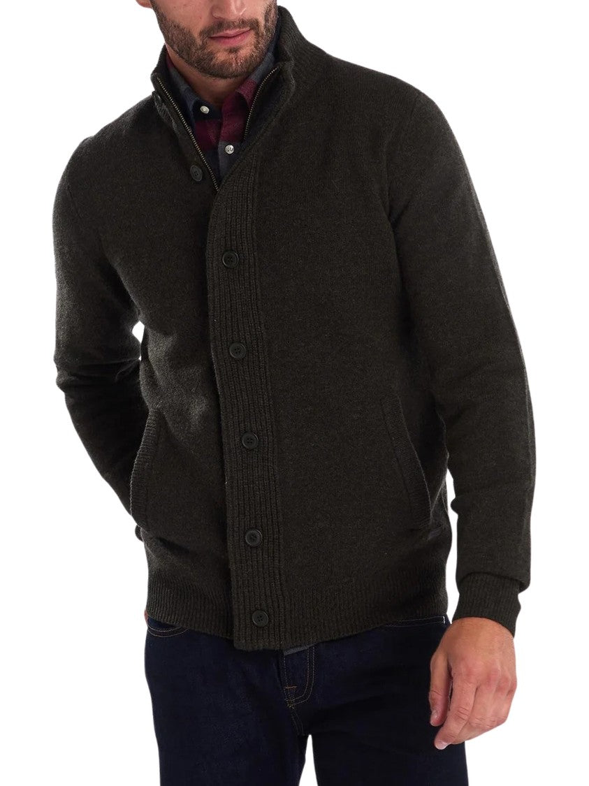 Barbour Dark Knit Zip-Through Sweater With Ribbed Collar And Elbow Patches