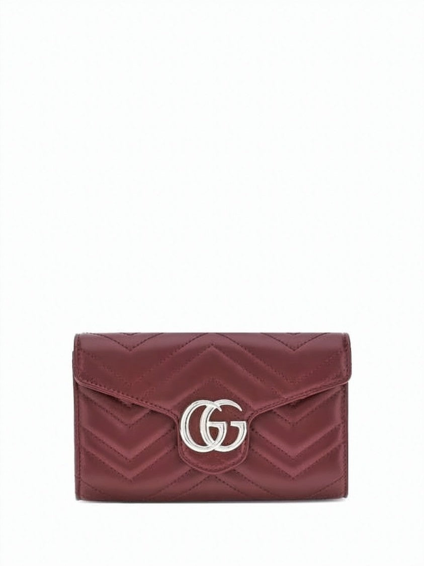 Gucci Burgundy Leather Gg Marmont Chain Wallet With Chevron Pattern