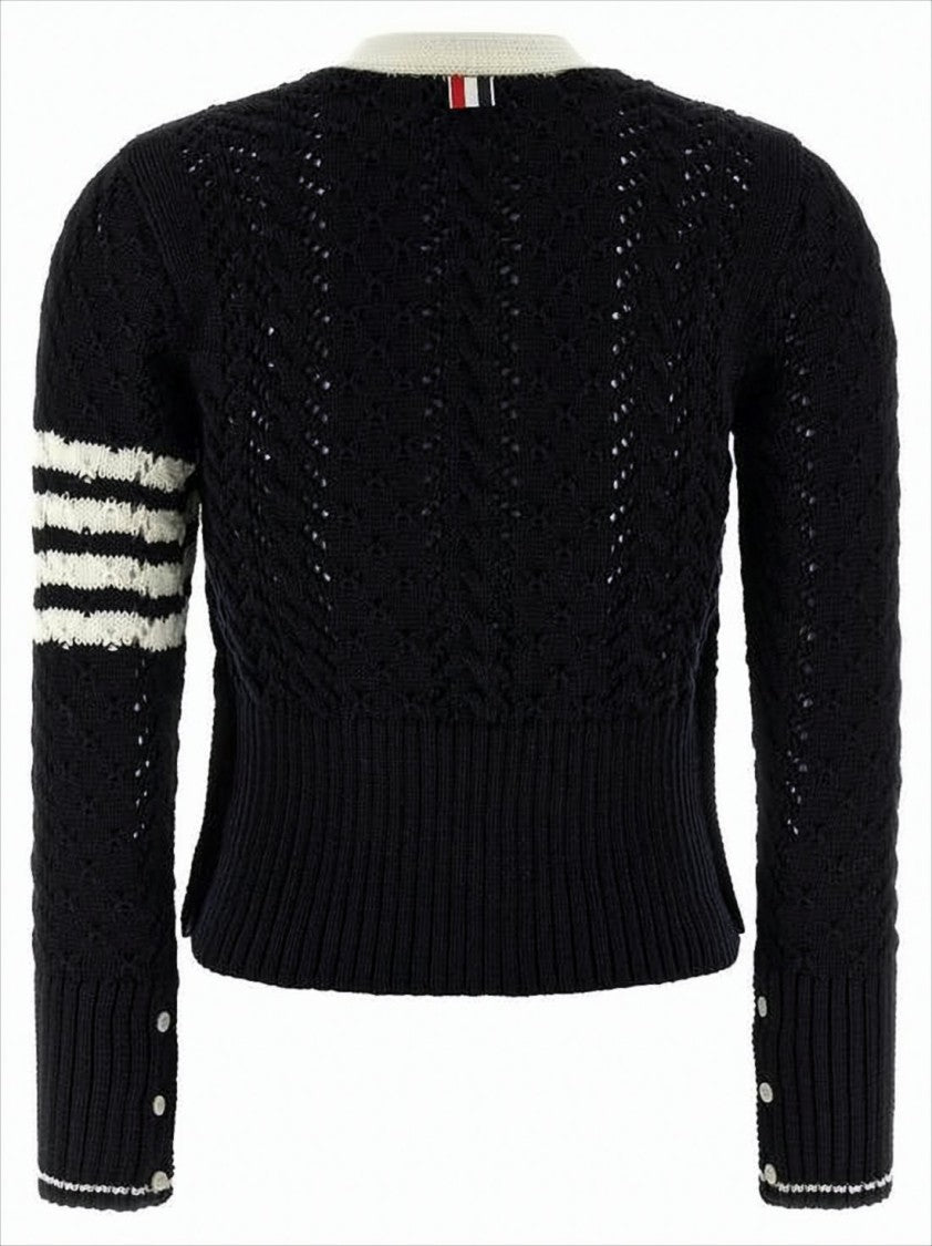 Thom Browne Textured Knit Cropped Cardigan With Contrasting Stripes