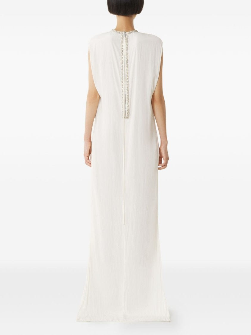 Lanvin White Embellished Collar Gathered Sleeveless Dress