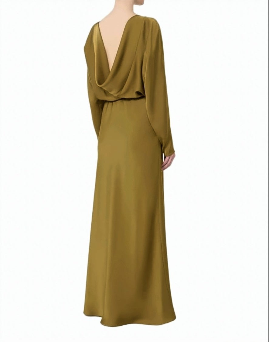 Max Mara Green Satin Belted Maxi Dress