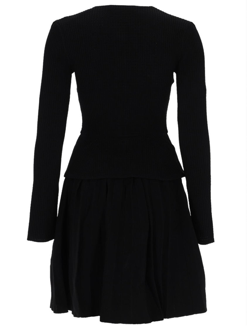 Self-Portrait Neutrals Fitted Ribbed Flared Mini Dress