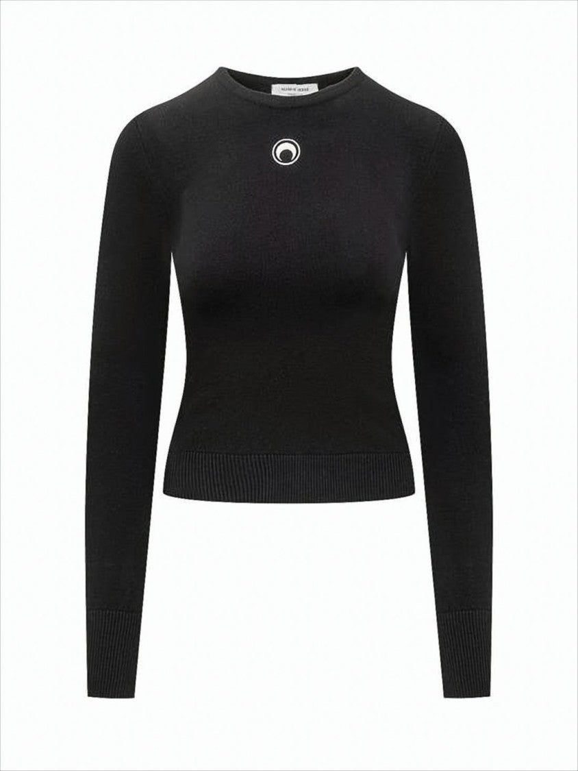 Marine Serre Fitted Black Long-Sleeve Top With Crescent Moon Emblem