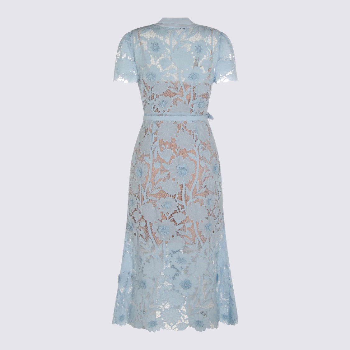 Self-Portrait Delicate Lace Midi Dress With Floral Patterns And Bow Tie Detail