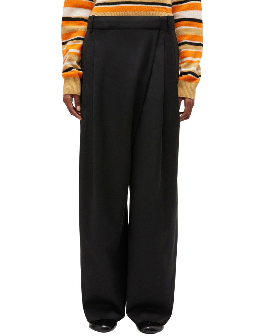 Ganni Calendered Wool Mid Waist Pants With Wide-Leg Silhouette And Tailored Fit