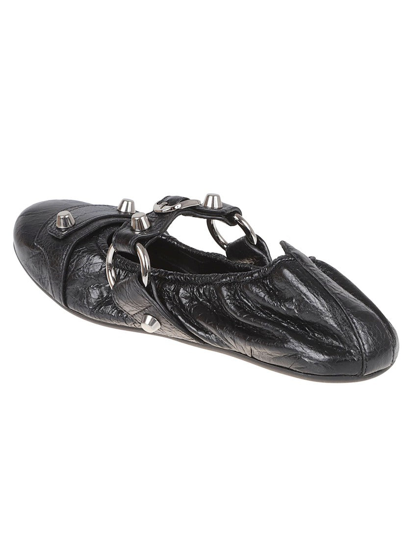Balenciaga Crinkled Leather Flat Shoes With Pointed Toe And Decorative Hardware