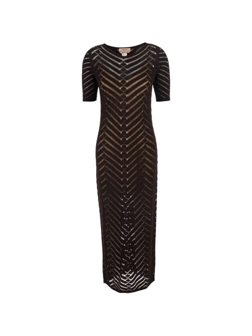 Twin-Set Chevron See-Through Viscose Stretch Fitted Maxi Dress