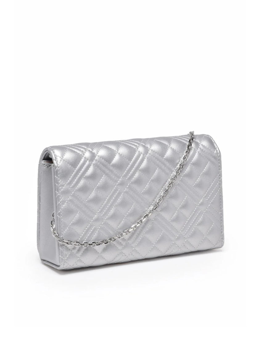 Love Moschino Silver Quilted Clip Closure Polyurethane Shoulder Bag