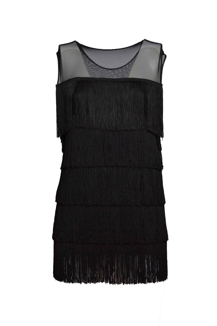 Norma Kamali Fringe-Panel Sleeveless Mini Dress With Subtle Transparency