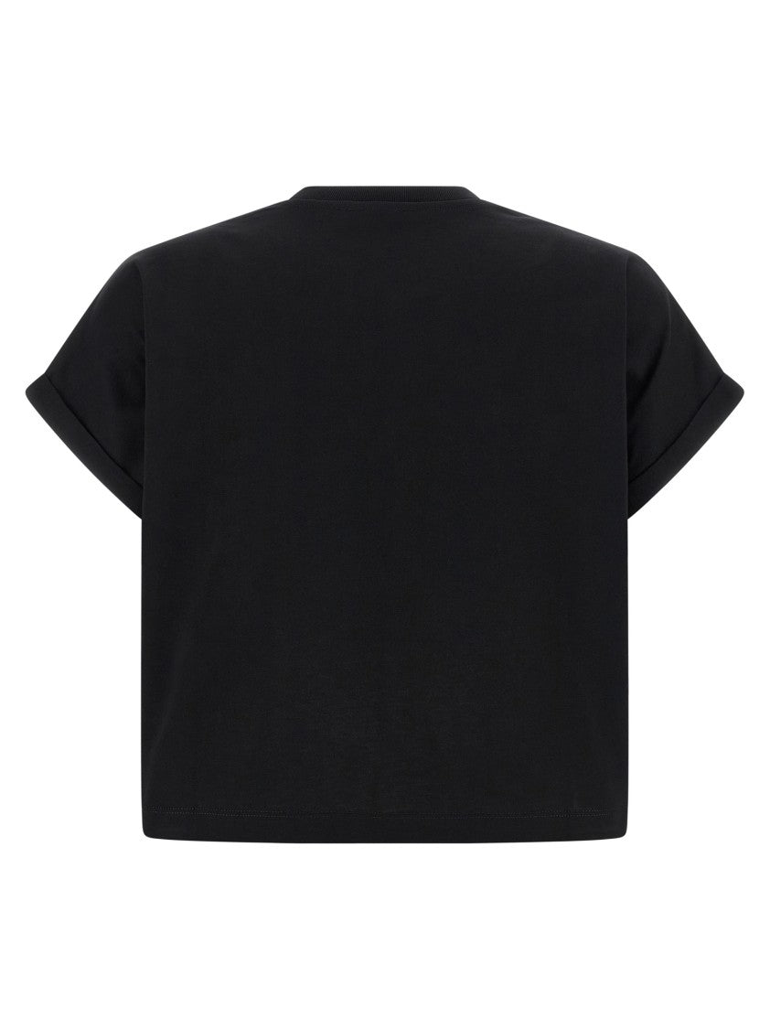 Balmain Cropped Cotton Crewneck T-Shirt With Turn-Up Cuffs And Logo Print