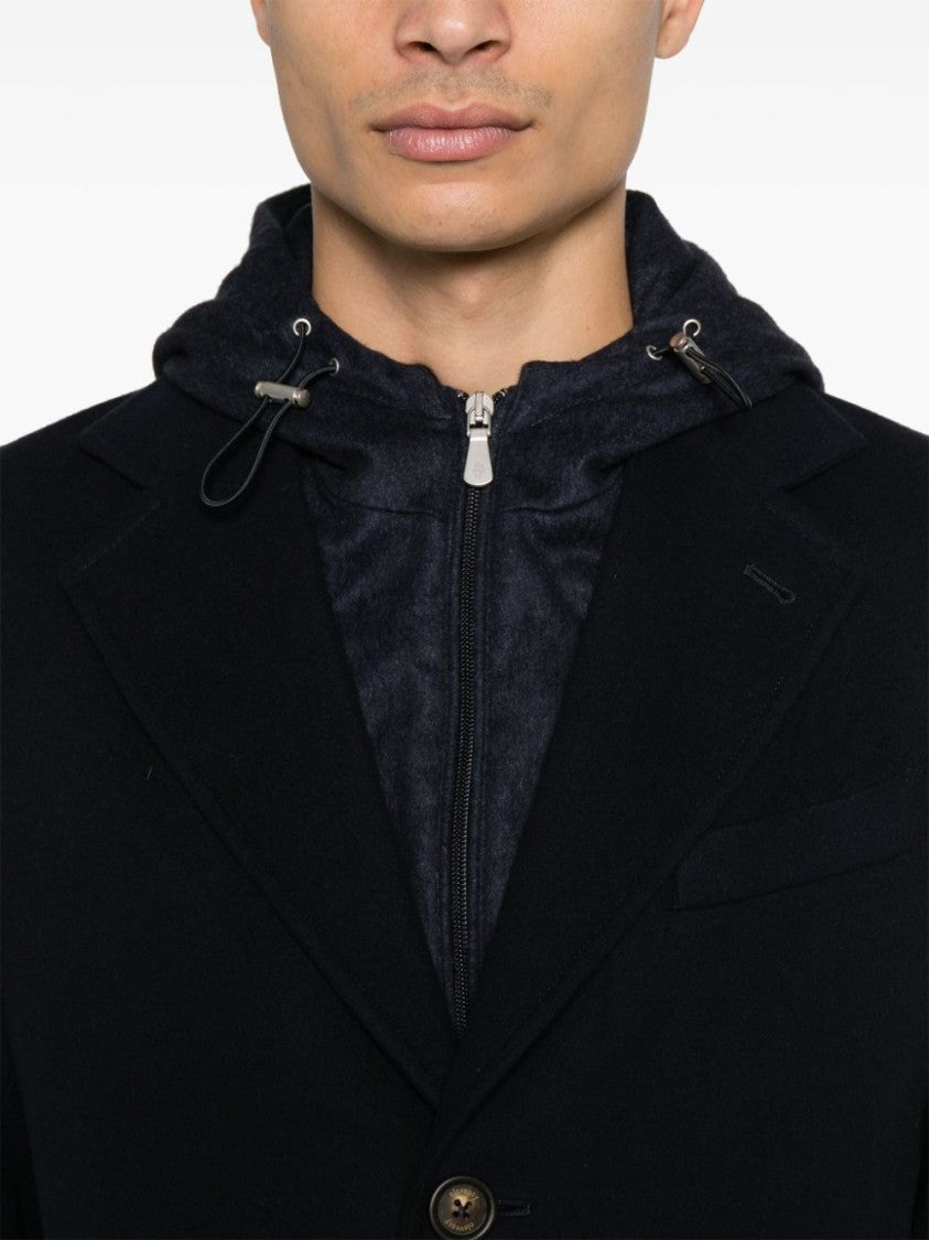 Eleventy Navy Blue Panelled Mid-Length Wool Coat