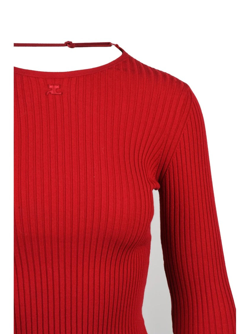 Courrèges Ribbed Long-Sleeved Knit Top With Subtle Back Strap Detail