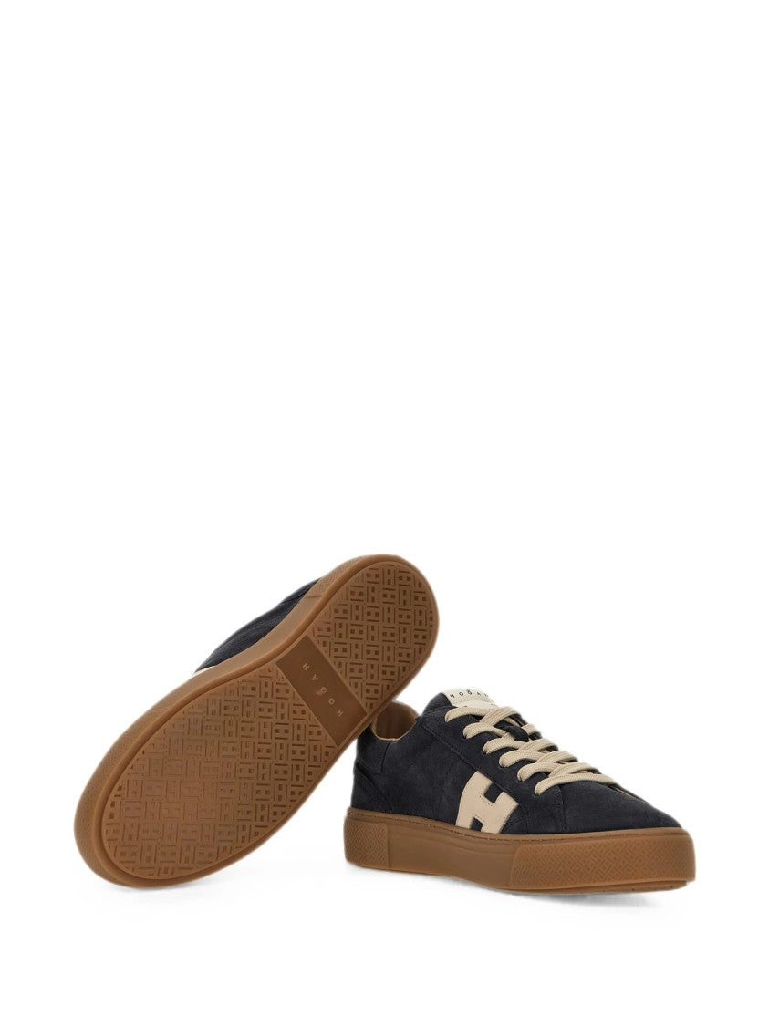 Hogan Low-Top Navy Suede Sneakers With Beige Accents And Textured Sole