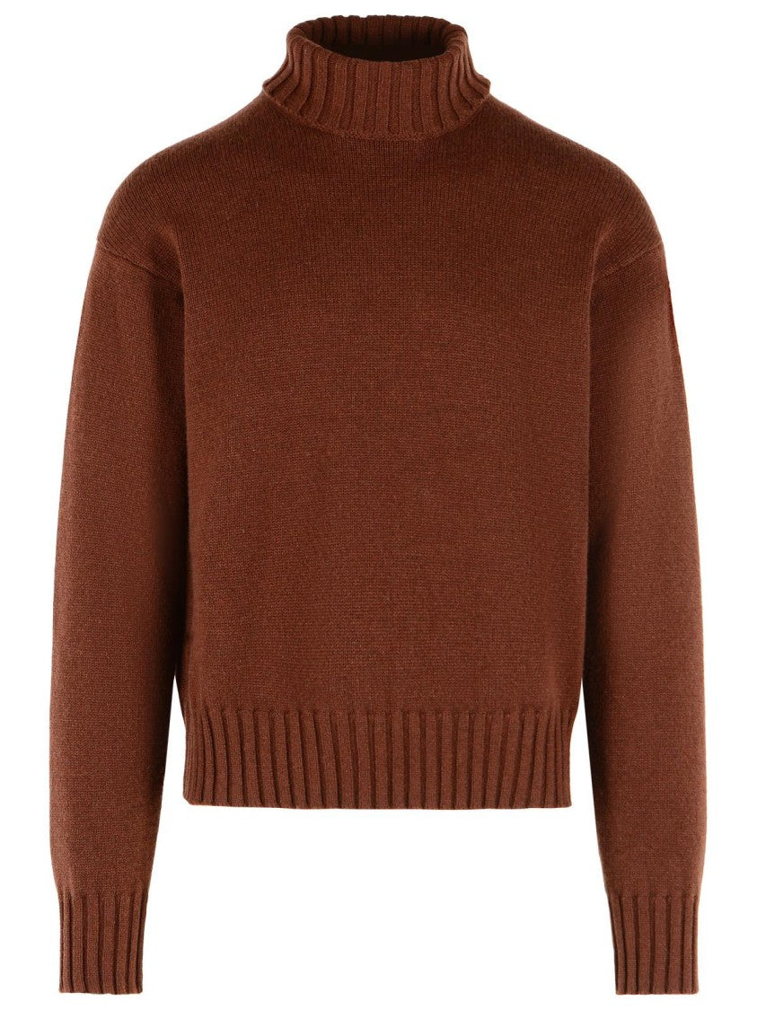 Costumein Brown Cashmere Turtleneck Sweater With Ribbed Details