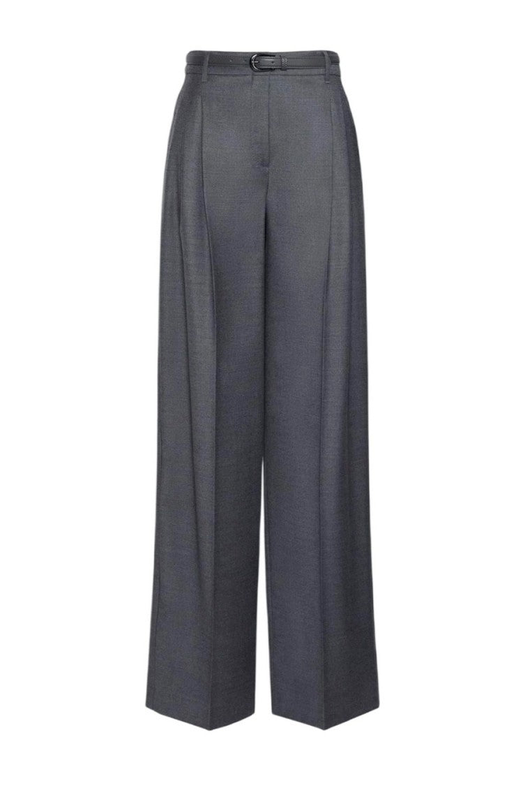 Max Mara Grey Mstlago Pleated Belted Wide-Leg Virgin Wool Pants