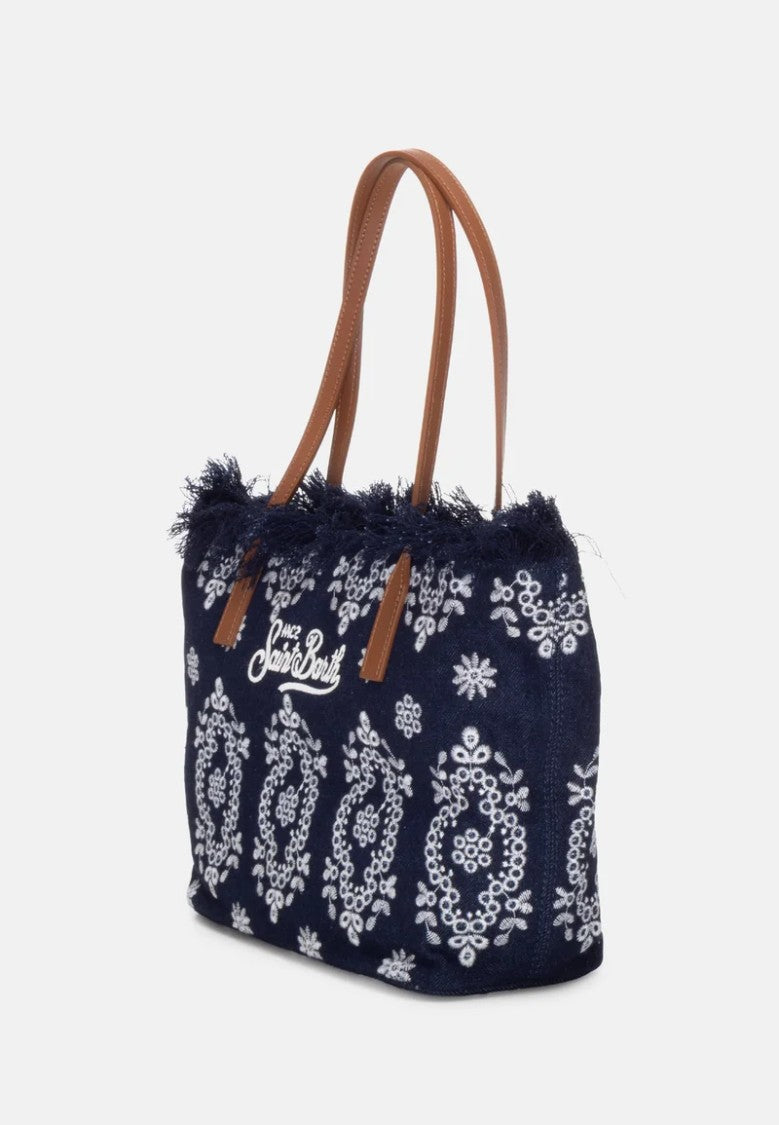 Mc2 Saint Barth Navy Blue Rectangular Tote Bag With Embroidered Details