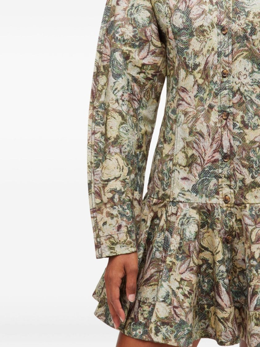 Ganni Green Floral Mini Dress With Ruffled Hem