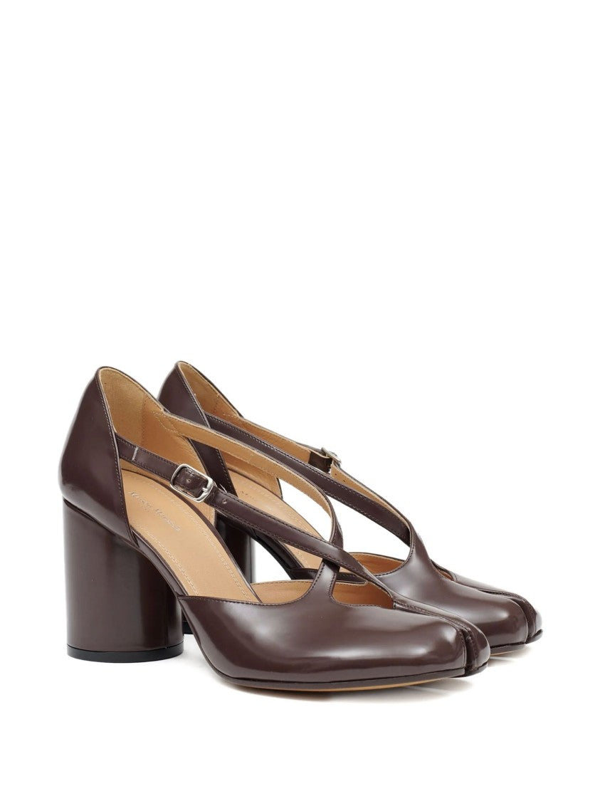 Maison Margiela Chocolate Leather Tabi Pumps With Crisscross Strap Detail