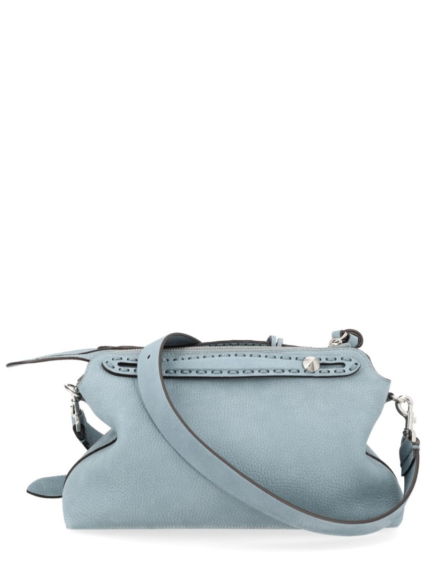 Fendi Structured Blue Leather Bag With Adjustable Strap And Silver-Tone Hardware