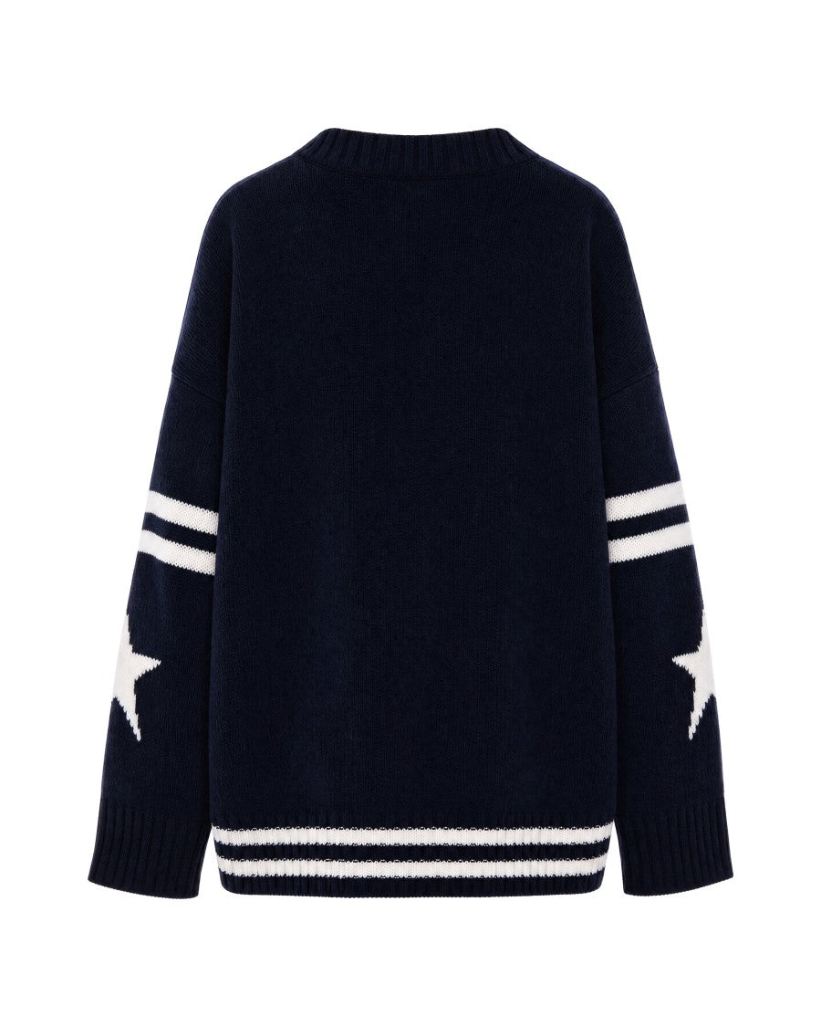 Max Mara Navy Blue Intarsia Star Stripe V-Neck Wool Sweater