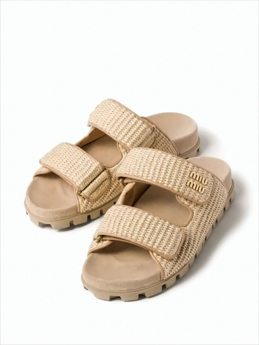 Miu Miu Textured Calfskin Sandals With Adjustable Velcro Straps
