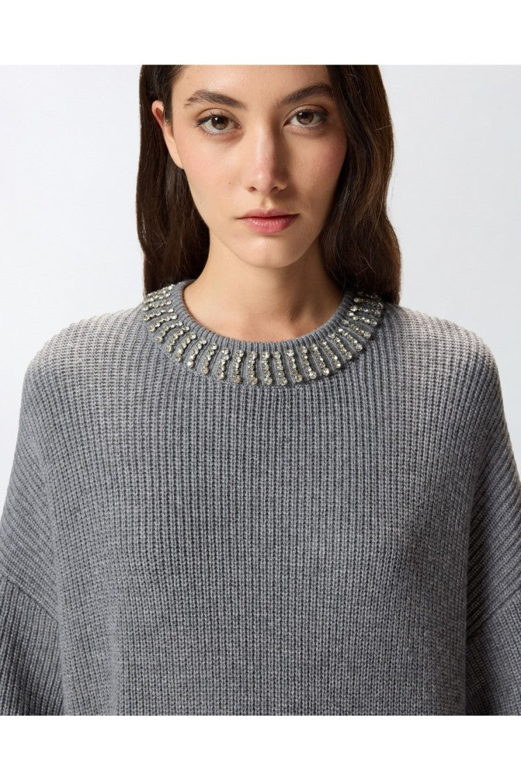 Pinko Grey Rhinestone Crewneck Ribbed Nylon-Viscose Mini Dress