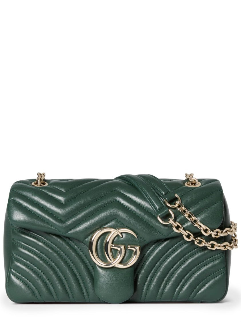 Gucci Chevron Quilted Green Lamb Leather Shoulder Bag With Double G Logo
