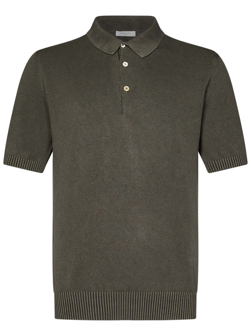 Boglioli Honeycomb Pattern Green Polo Shirt With Ribbed Hem