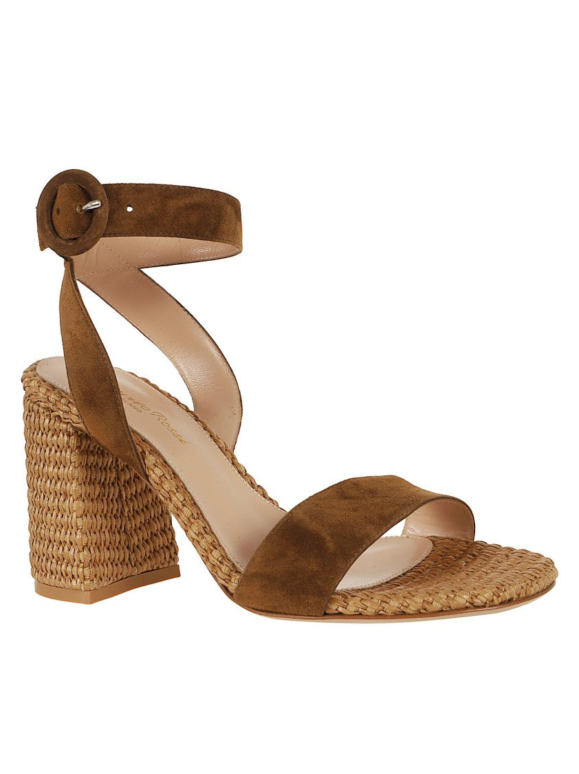Gianvito Rossi Rounded-Toe Sandal With Raffia-Covered Heel And Suede Buckle