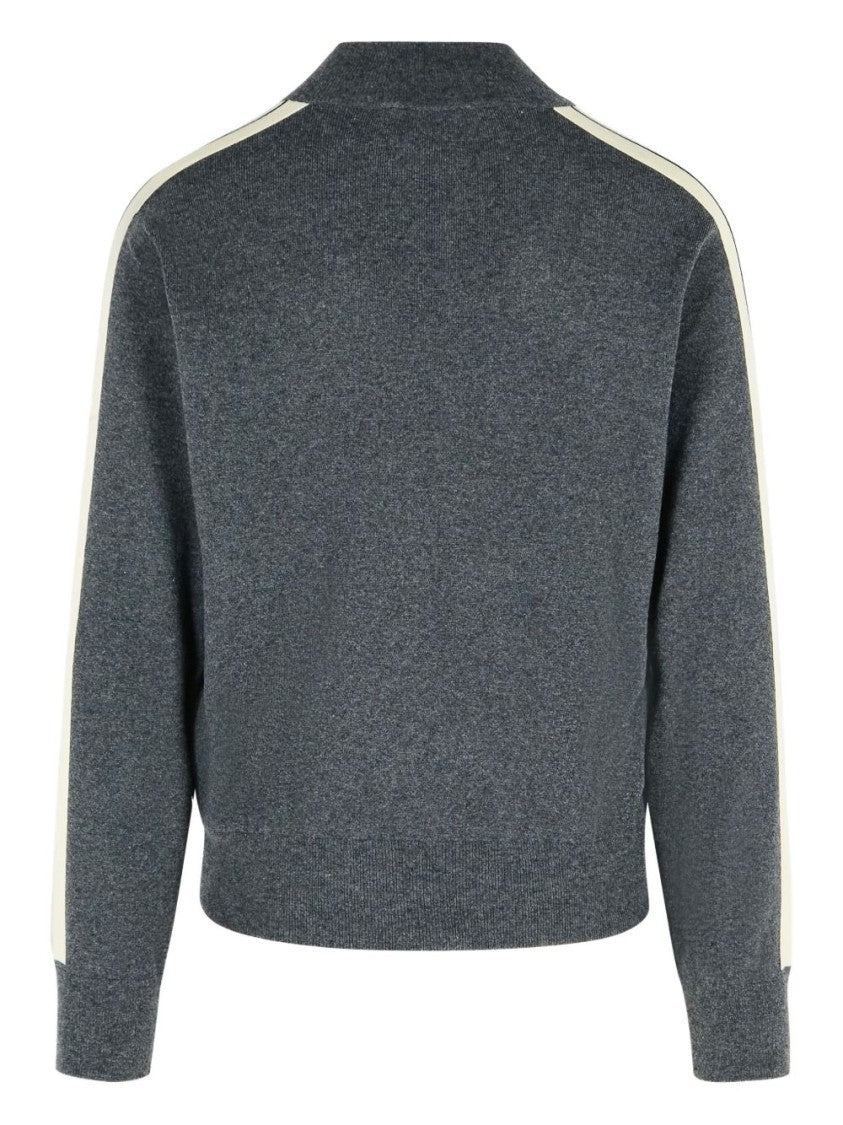 Palm Angels Zip-Up Grey Sweater With Contrasting Stripes