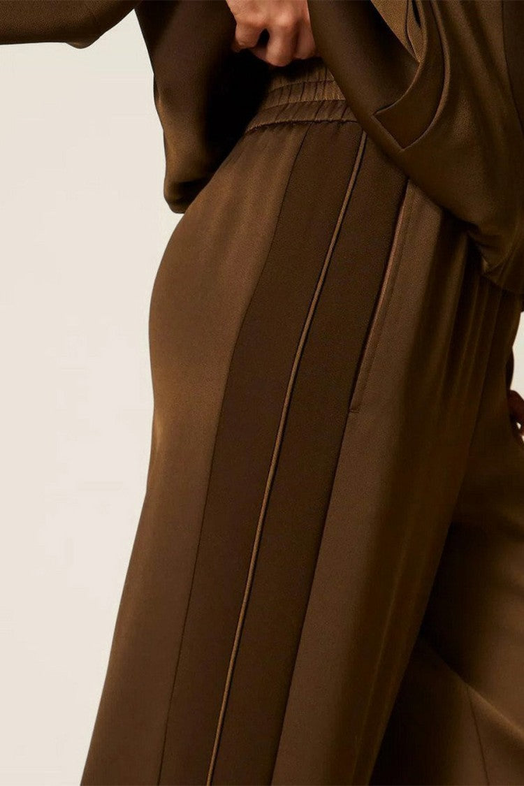 Twin-Set Brown Elastic Waist Side Stripe Polyester Wide-Leg Pants
