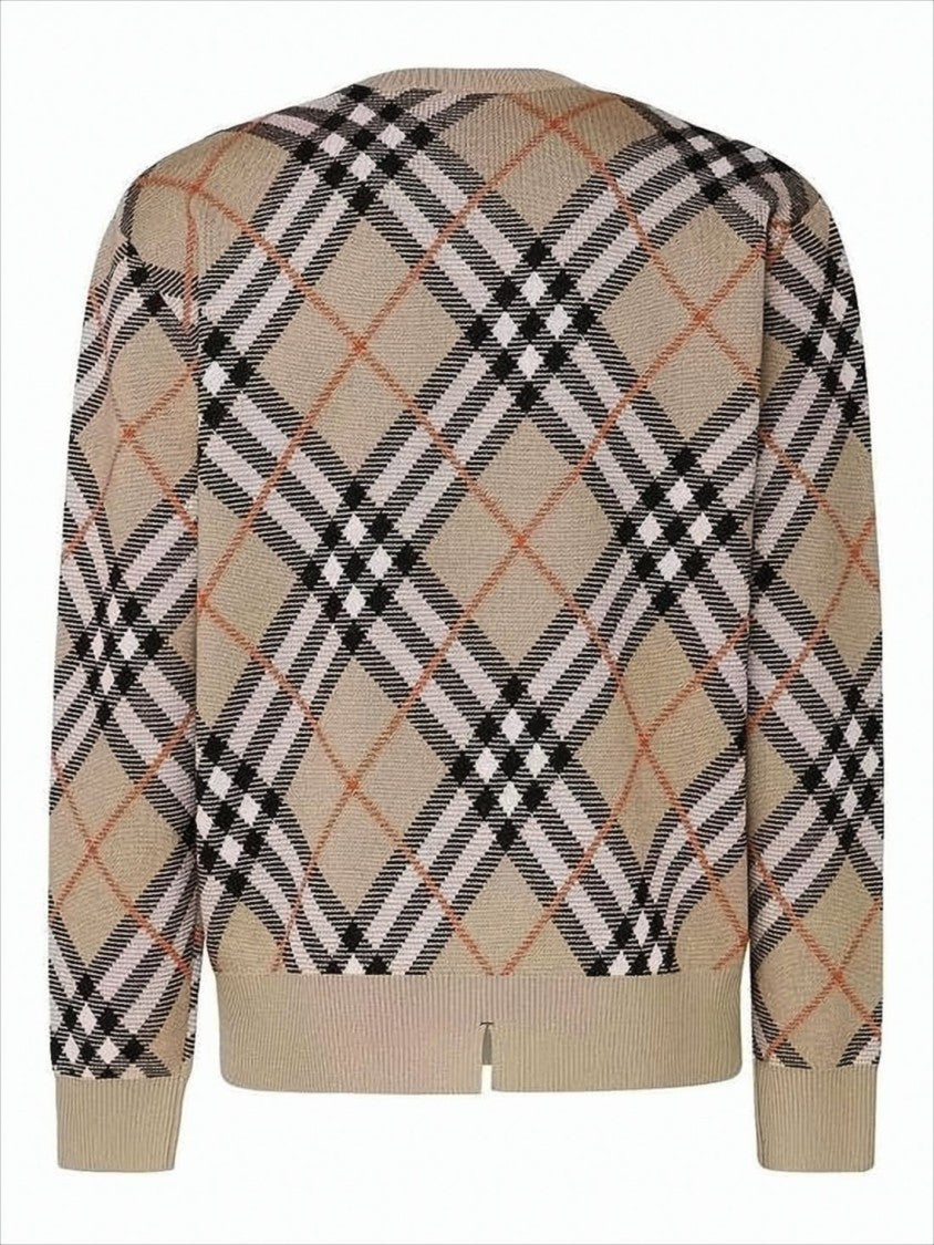 Burberry Beige Checkered Knit Sweater With Crew Neckline