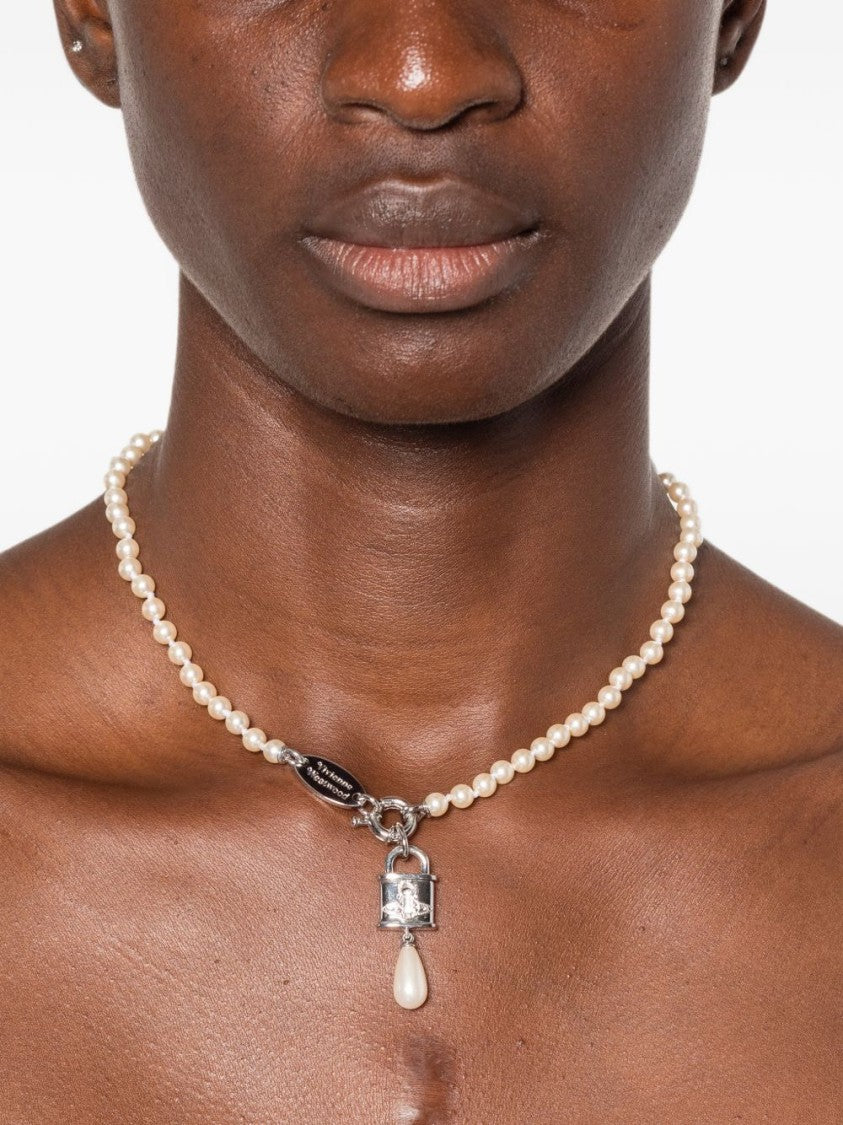 Vivienne Westwood Silver Pearl Padlock Teardrop Pendant Necklace
