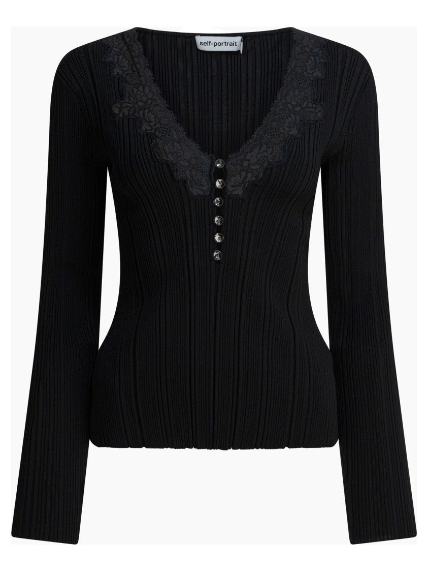 Self-Portrait Fitted Black Top With Lace Insert