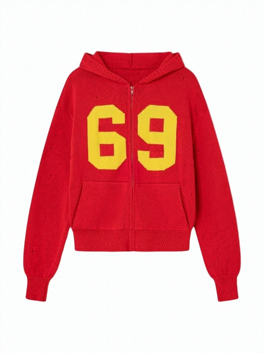 Gimaguas Red Knitted Zip-Up Kangaroo Pocket Hoodie