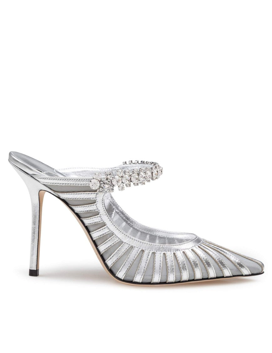 Jimmy Choo Pointed-Toe Silver Mules With Jeweled Instep Strap