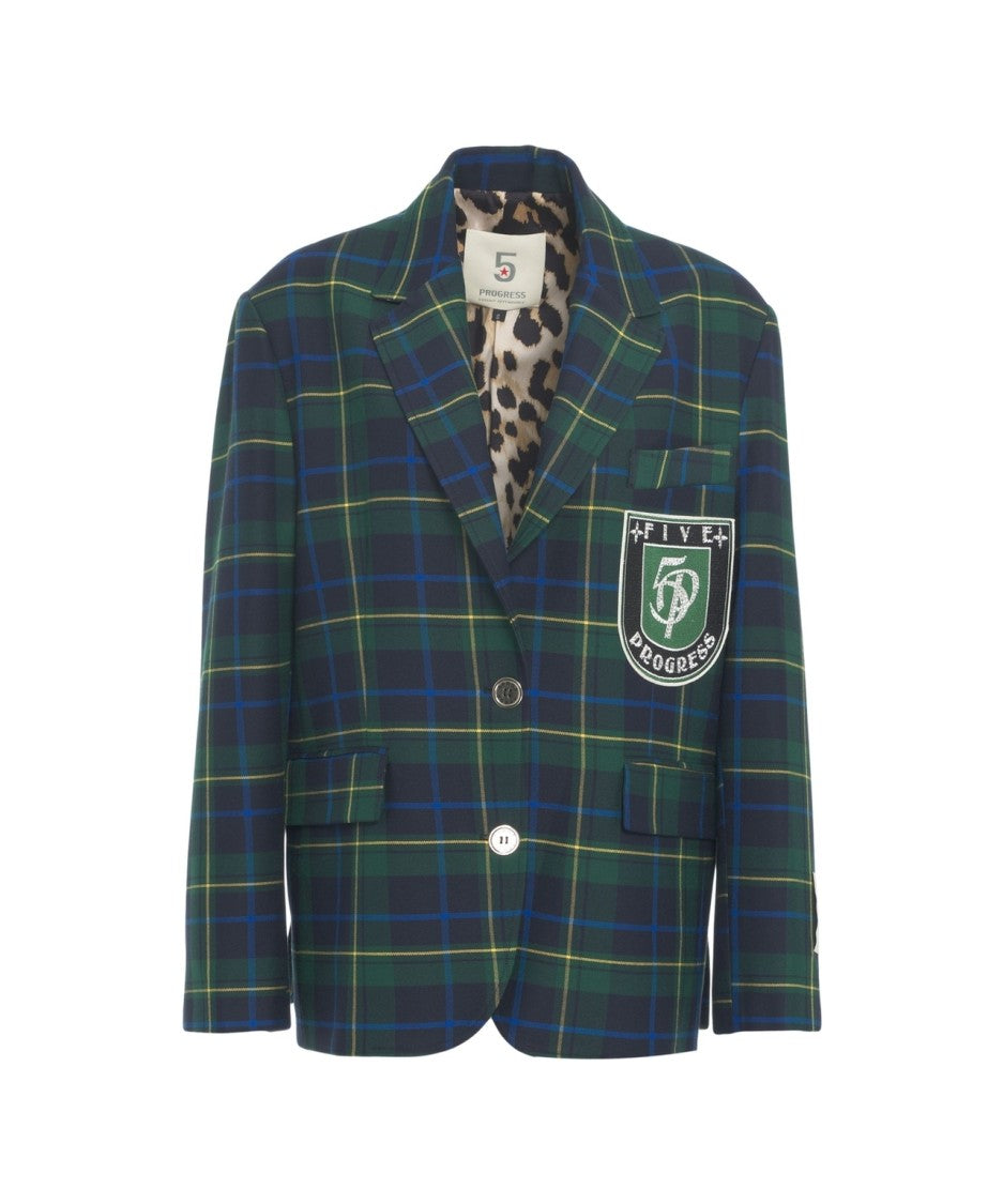 5 Progress Structured Check Blazer With Embroidered Emblem