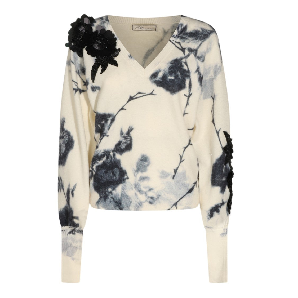 Blumarine Abstract Floral Appliqué V-Neck Sweater