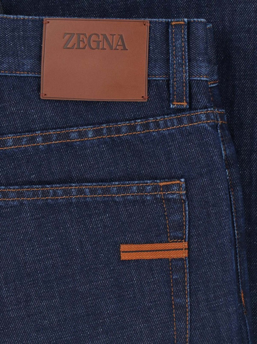 Zegna Blue Mid-Rise Cotton-Linen Straight Leg Jeans