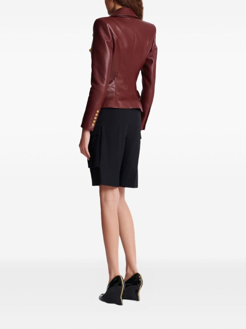 Balmain Dark Red Lambskin Leather Tailored Blazer