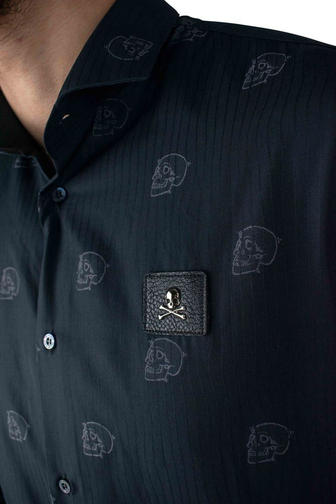 Philipp Plein Black Striped Cotton Shirt With Skull Motif