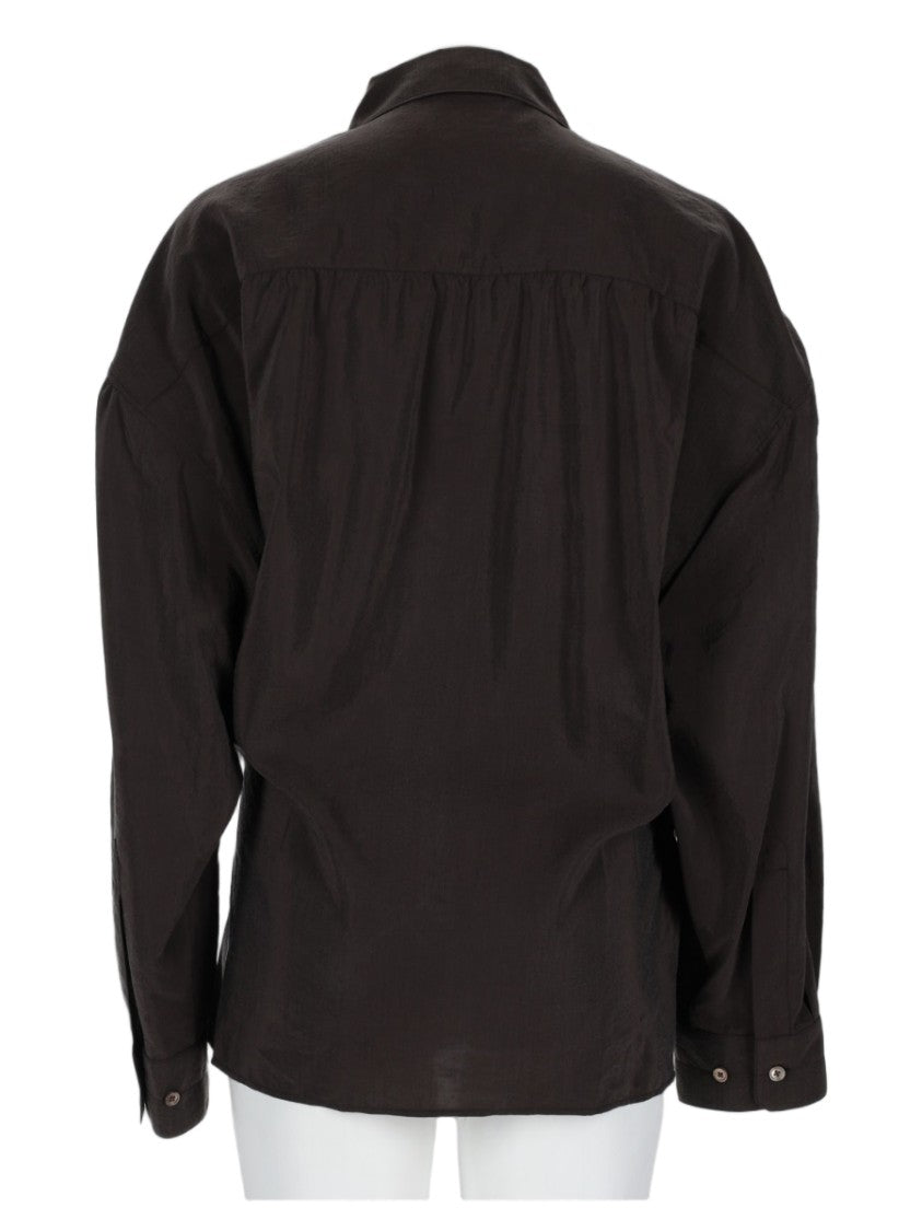 Lemaire Wrap-Style Classic Collar Brown Silk-Blend Shirt