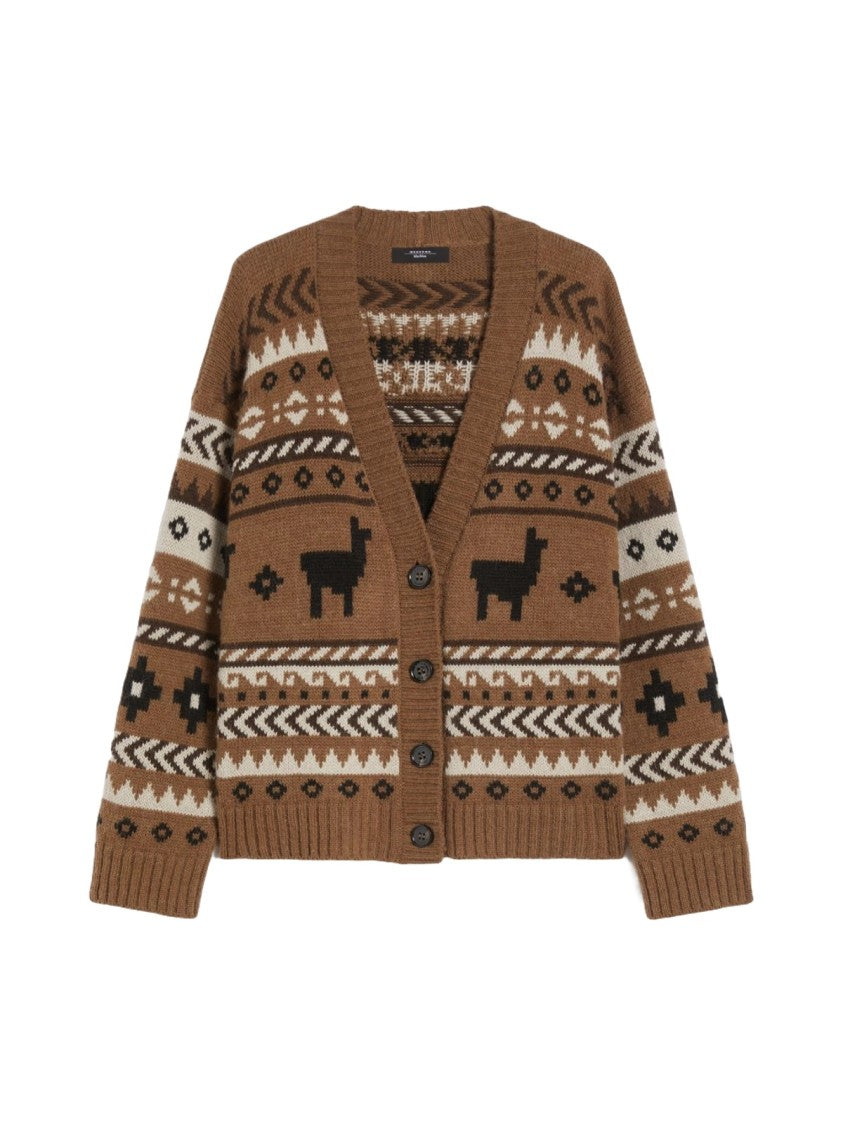 Max Mara Textured Brown Knit Cardigan With Geometric Motifs