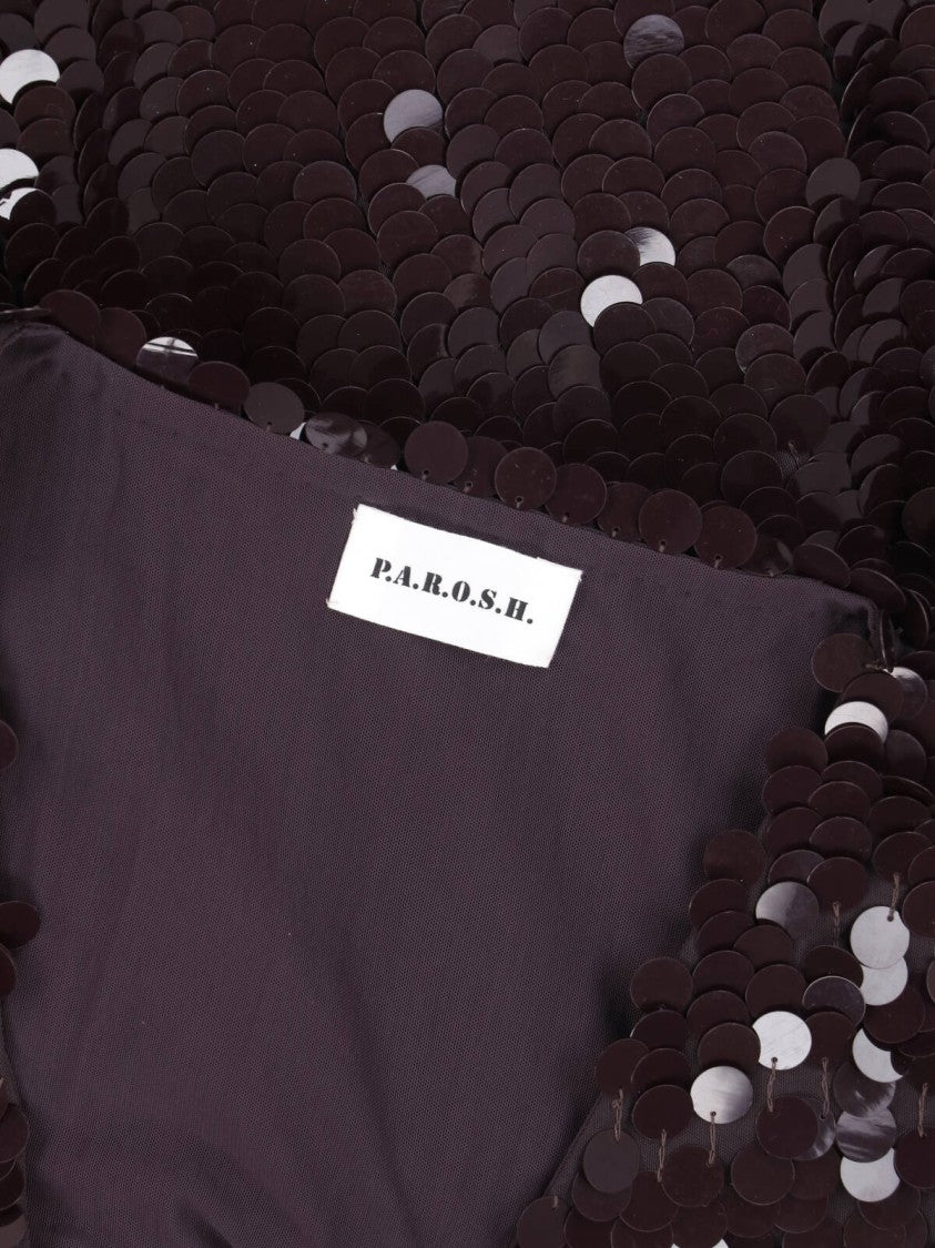 Parosh Sleeveless Sequin-Embellished Brown Top With Deep Scoop Neckline