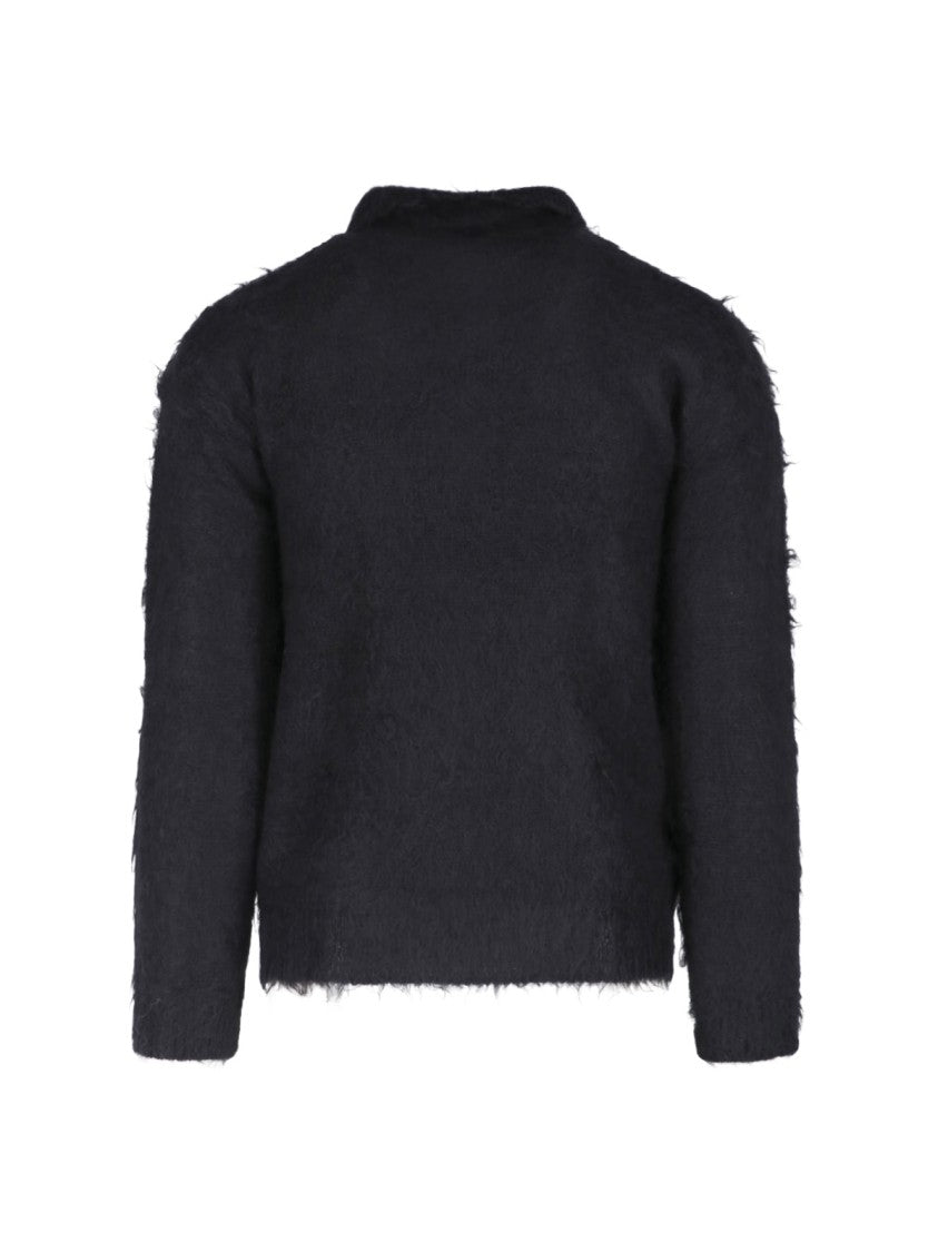 Auralee Grey Textured Long-Sleeve Cropped Polo Shirt