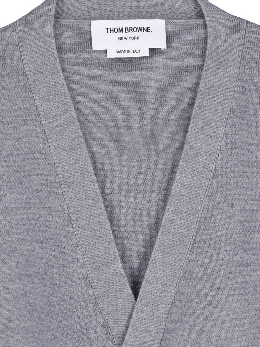 Thom Browne V-Neck Grey Cardigan Sweater With Button-Down Front And Signature Stripes